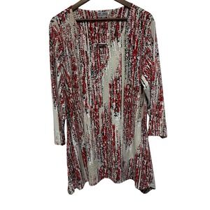 JM Collection Tunic Women 2X Red Black Abstract SharkBite Hem Stretch Knit Artsy
